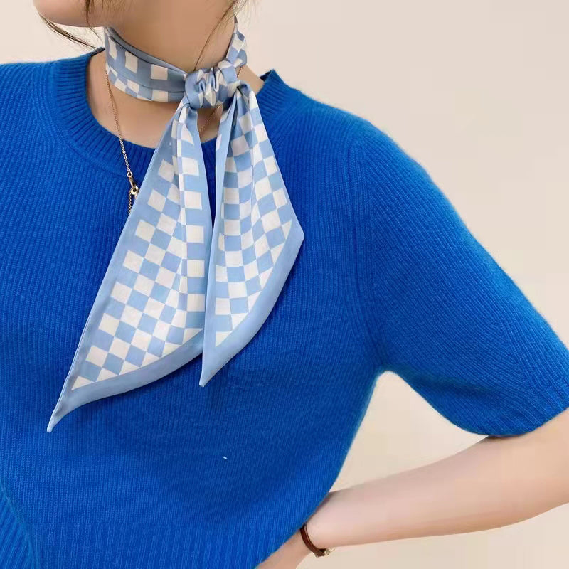 Checkered Silk Like Skinny Scarf