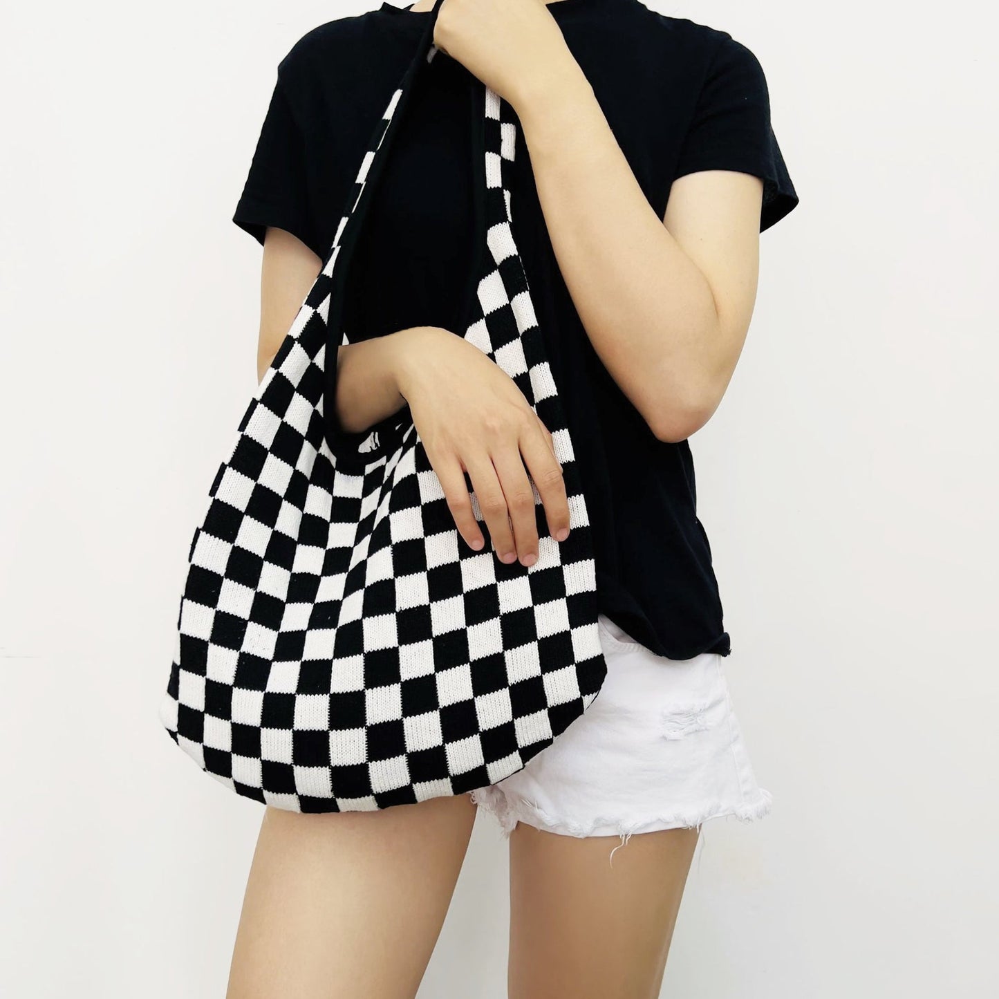 Checkered Knitted Shoulder Bag