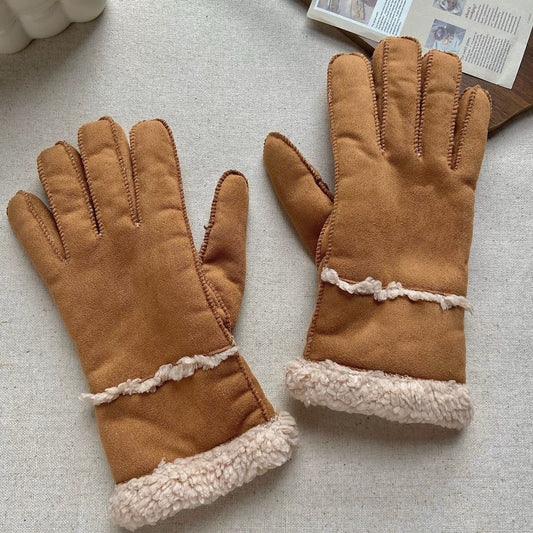 Guanti con polsino in pelle scamosciata color castagna