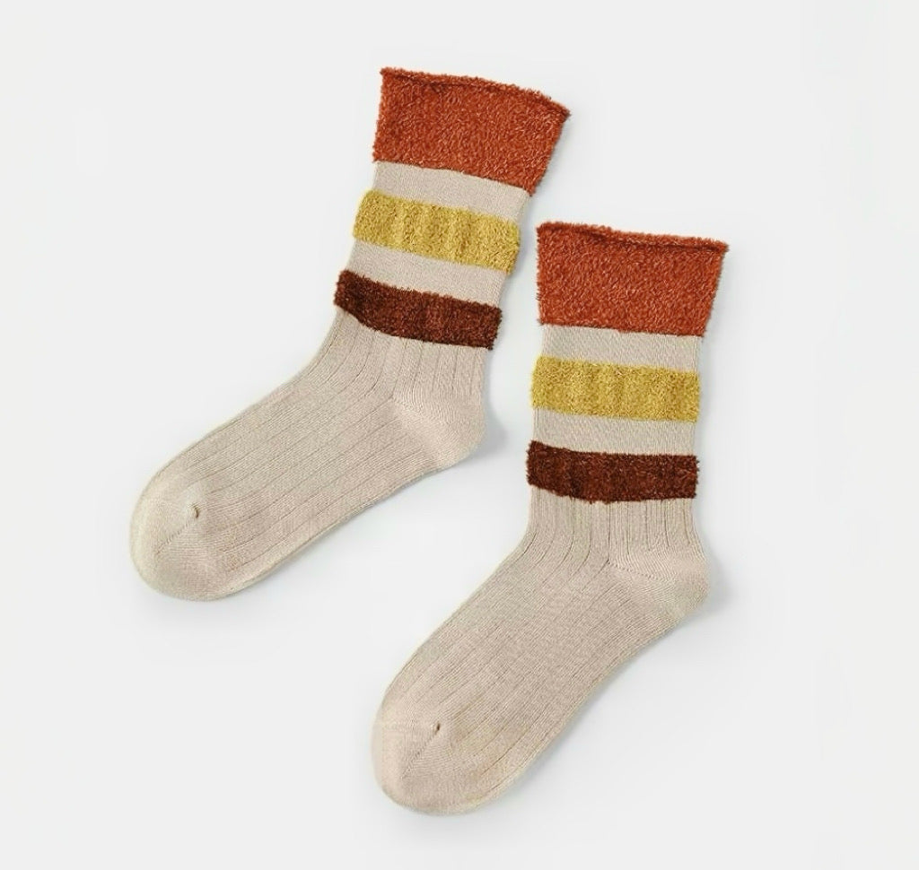 Close-up of Maillard Plush Splicing Socks, easy to pack for travel and errands.