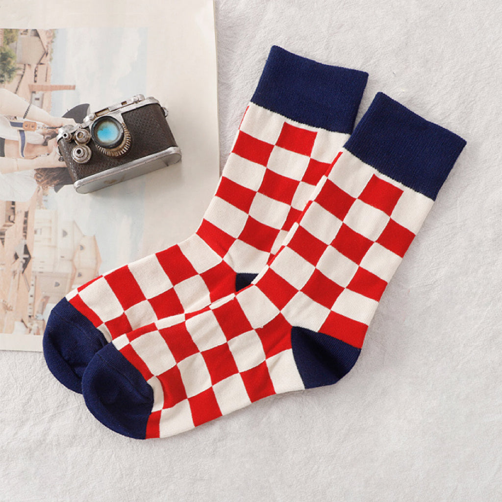 Front view of Red Checker Socks, easy to pack for travel and errands.