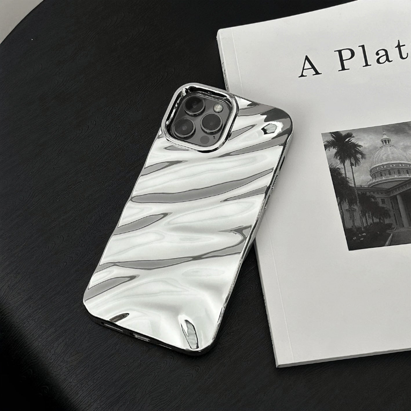 Front view of Silver Glossy Wave Case. High-gloss futuristic wave effect on flexible silicone.