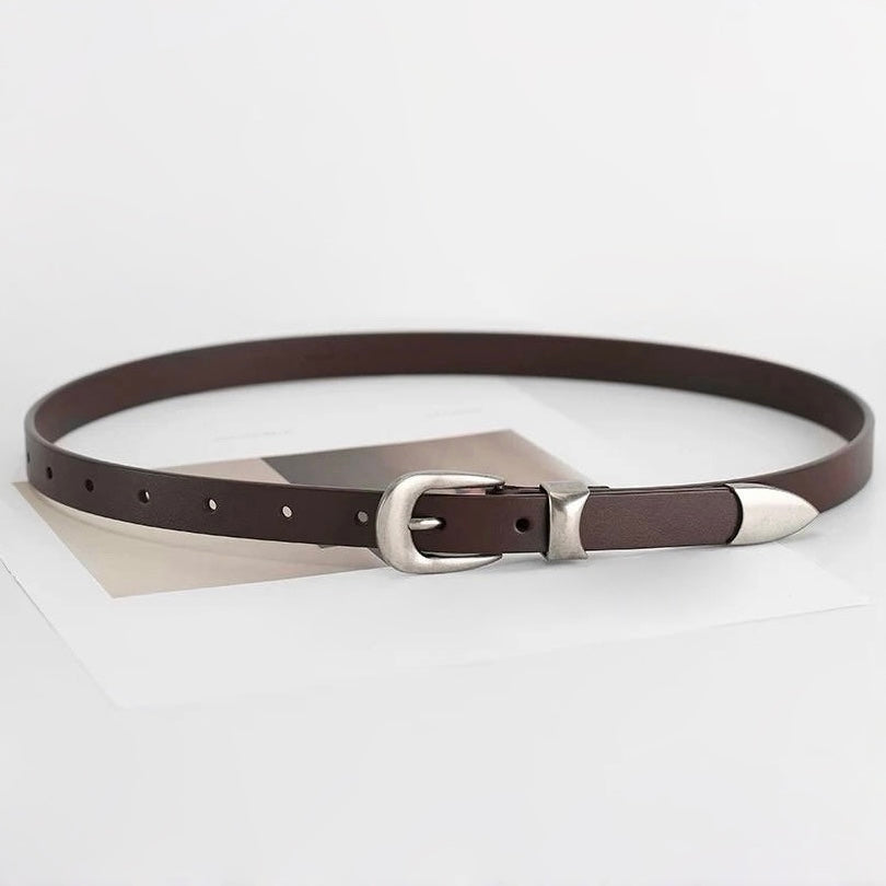 Dark brown leather belt with a refined metallic tip and minimalist buckle.