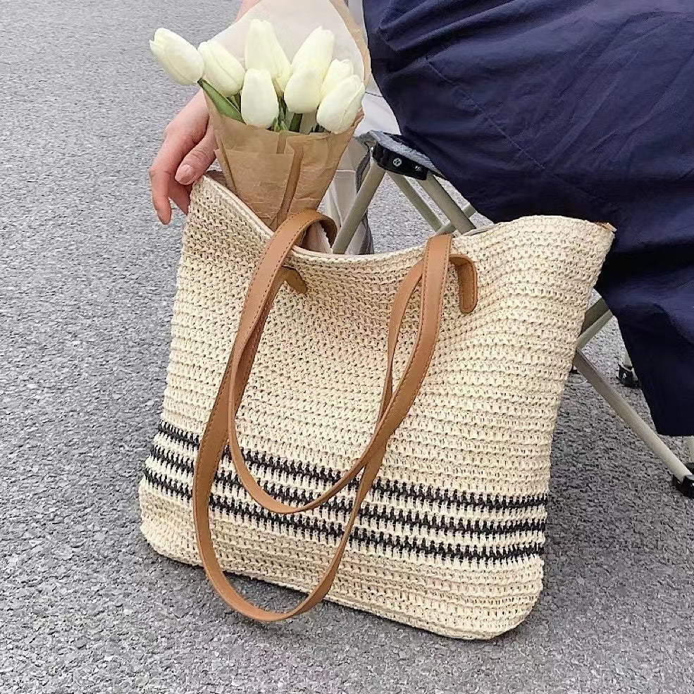 Woven Straw Tote Bag in Beige