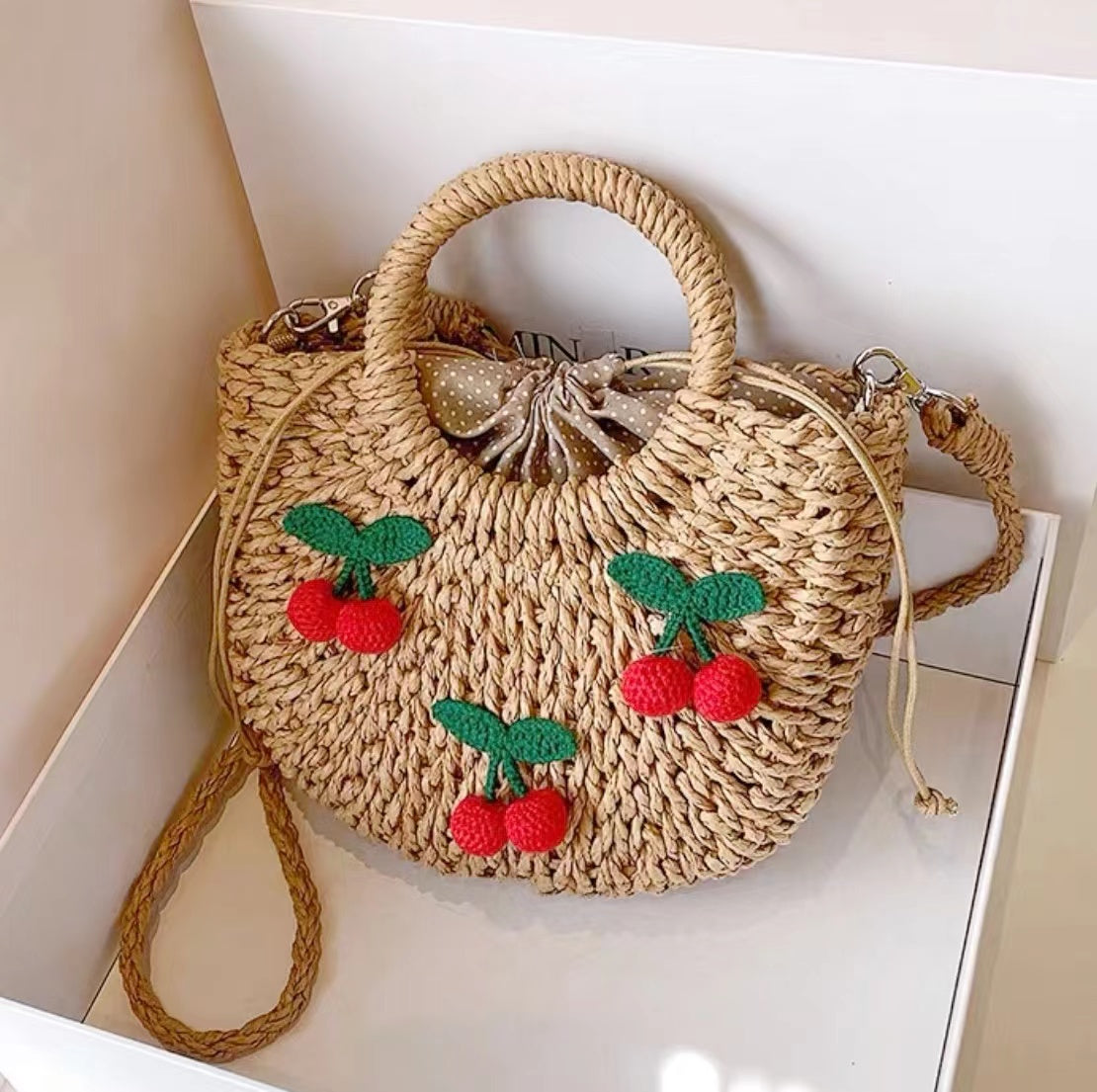 Cherry Rattan Straw Bag