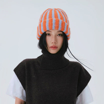 Fuzzy Contrast Striped Beanie
