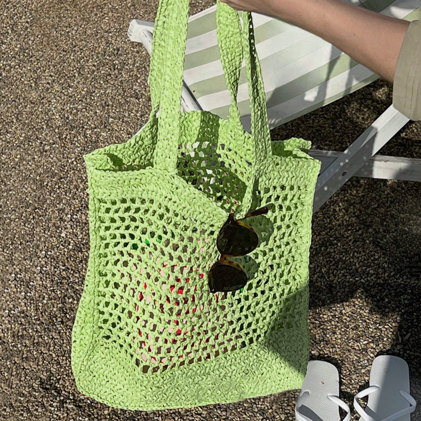 [Nuovo colore] Borsa tote in paglia all'uncinetto in verde fresco