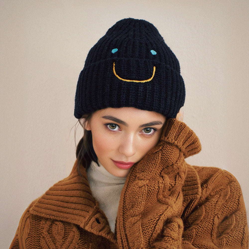 Smiley Ribbed Knit Beanie