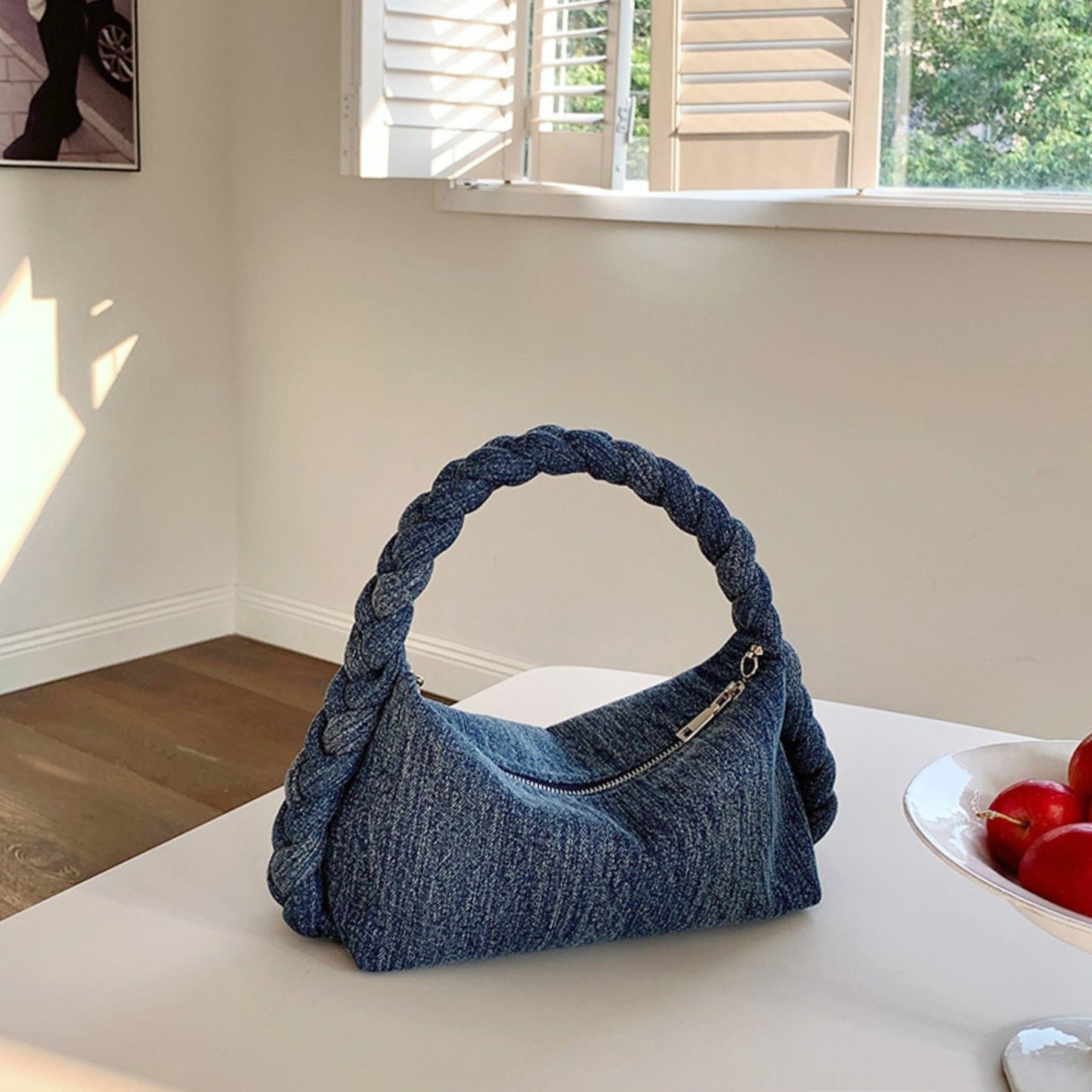 Braided Handle Denim Handbag