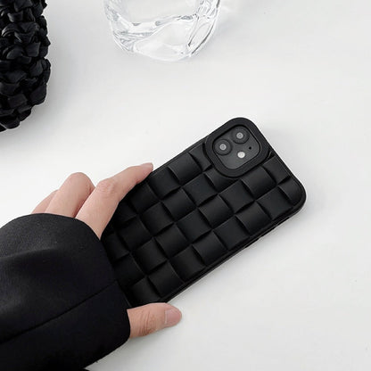 Model holding 3D Plaid Phone Case in black. Sleek urban style accessory, perfect for professional office chic.