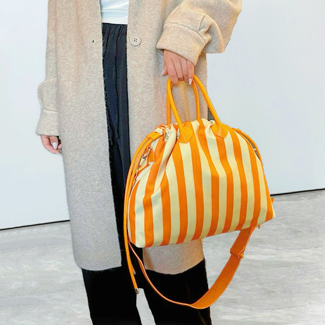 Striped Drawstring Bowling Bag