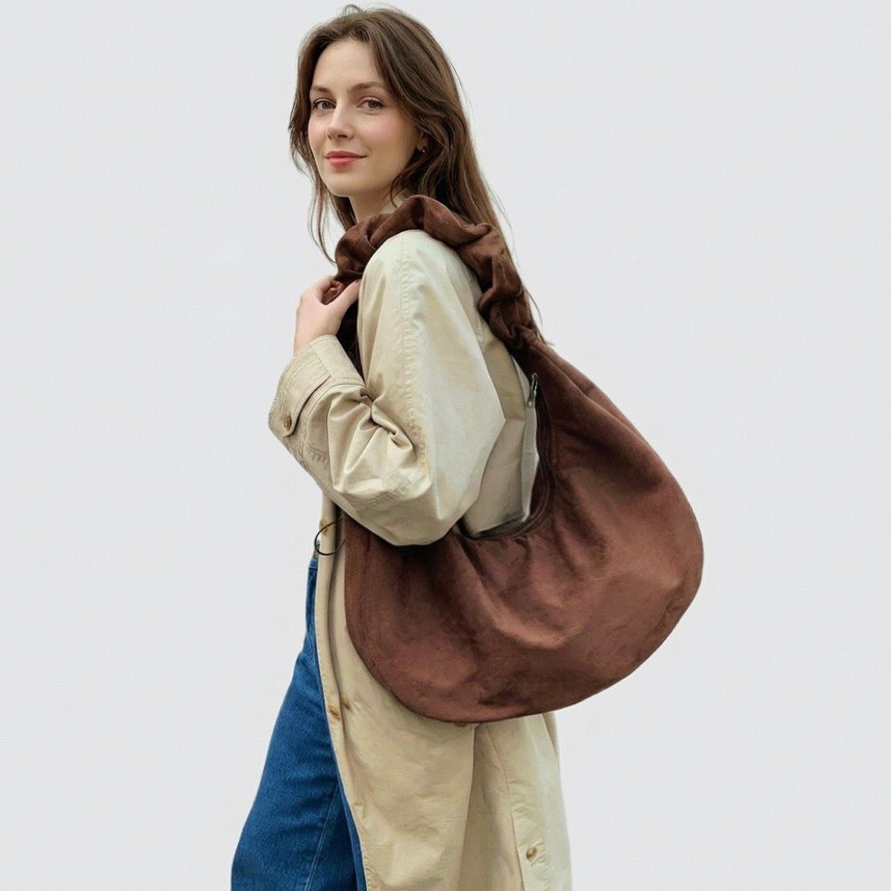 Ruched Strap Suede Hobo Bag