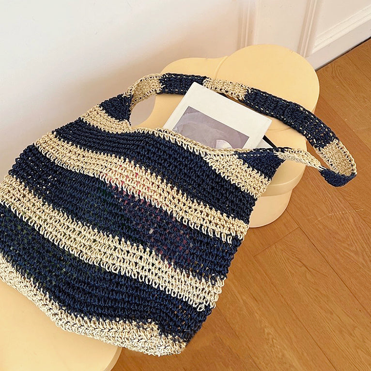 Crochet Straw Tote Bag In Blue Stripe