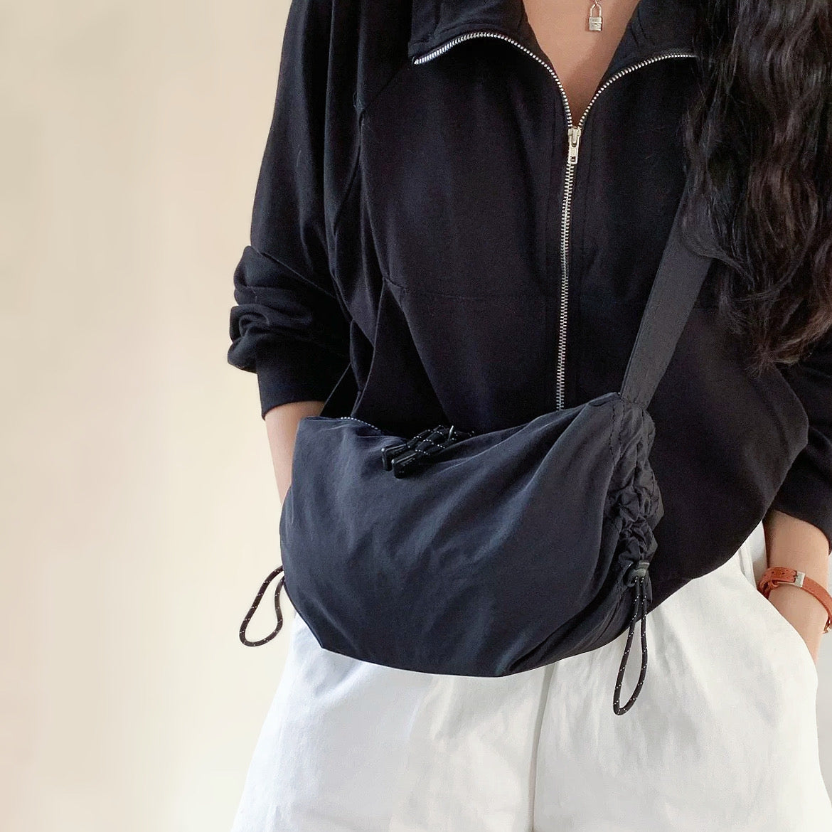 Pleated Drawstring Crossbody Bag