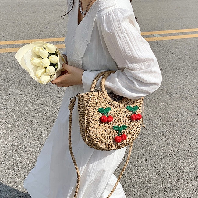 Cherry Rattan Straw Bag