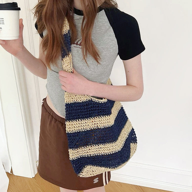 Crochet Straw Tote Bag In Blue Stripe