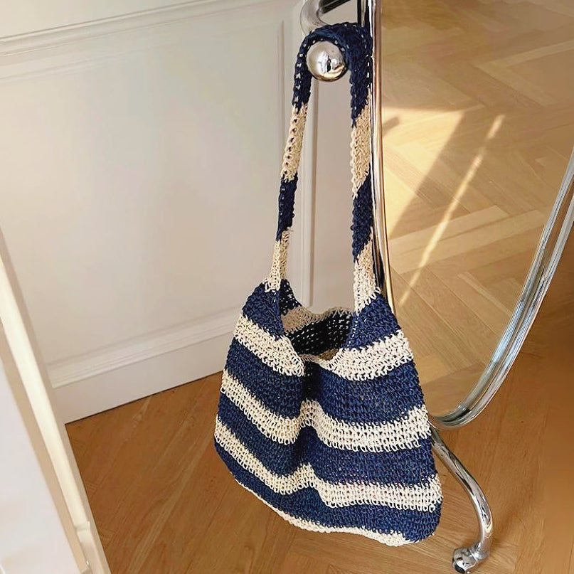 Crochet Straw Tote Bag In Blue Stripe