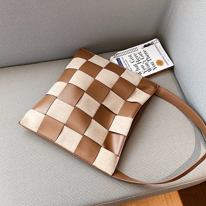 Checkered Woven Leather Shoulder Bag