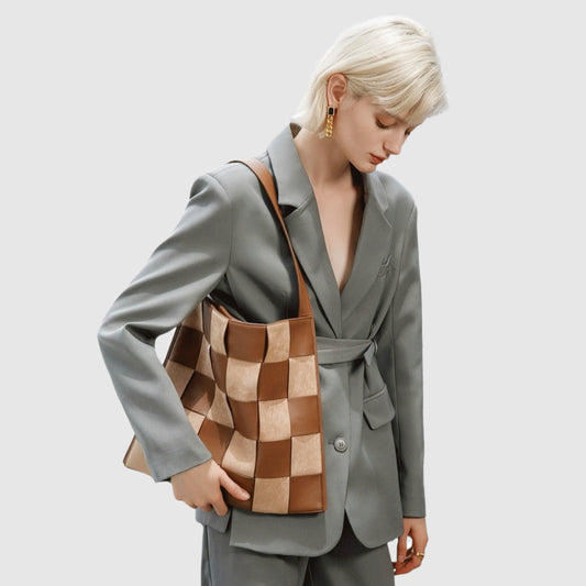 Checkered Woven Leather Shoulder Bag