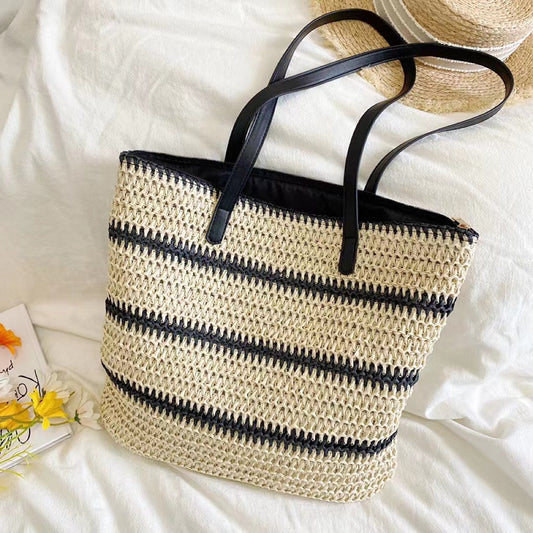 Woven Straw Tote Bag in Black Stripe