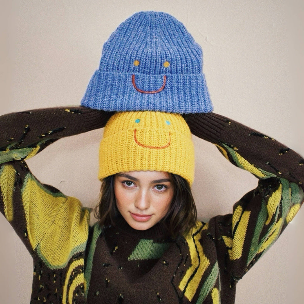 Smiley Ribbed Knit Beanie
