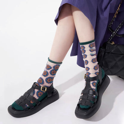 Model wearing a pair of lilac Abstract Pattern Crystal Socks with retro vibes.