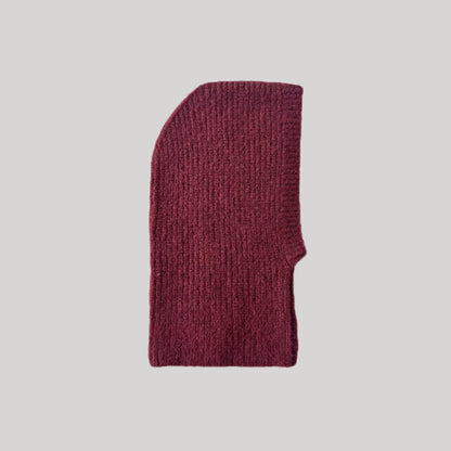 Front view of Ancora Red Knitted Balaclava Hat. Features bold red hue in heavy-duty wool.