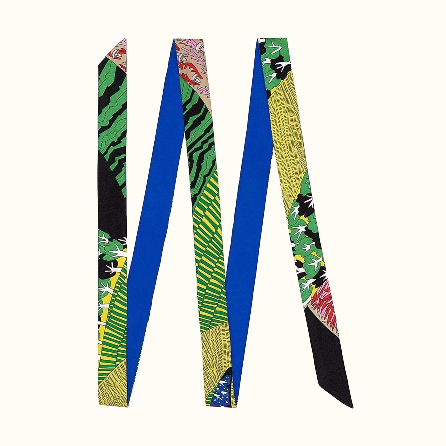 Flat lay of Artistic Print Skinny Scarf in blue, ideal for everyday styling and weekend outings.