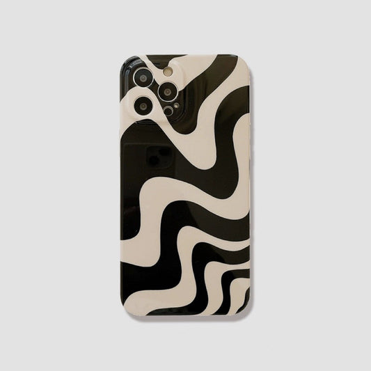 Black and white wavy acrylic iPhone case with precise camera cutouts. Minimalist monochromatic design for iPhone.