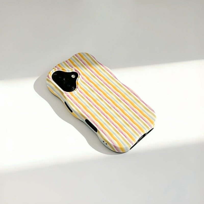Multi-color pastel striped wavy phone case displayed flat with soft shadows.