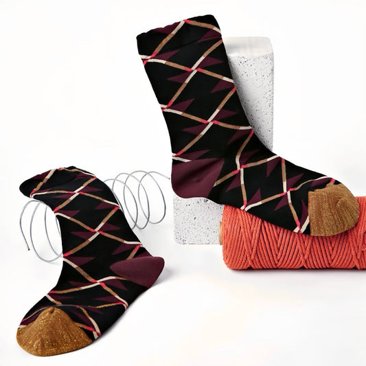Front view of Black cotton-polyester socks with caramel and burgundy diamond pattern, one size Caramel Diamond Socks.