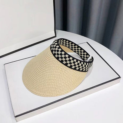 Front view of beige Checkered Band Straw Visor Hat. Foldable summer sunhat in natural straw.