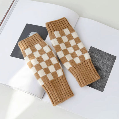 Tan checkered fingerless gloves; versatile earth-tone accessory, ideal as a warm winter birthday gift.