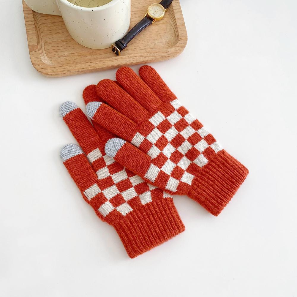 Red checkerboard knitted touch screen gloves with ribbed cuff; warm pattern gloves for winter texting.