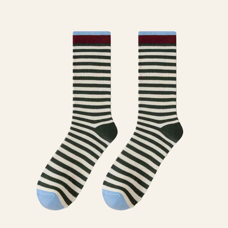 Close-up of Chromatic Stripe Socks in green, easy to pack for travel and errands.