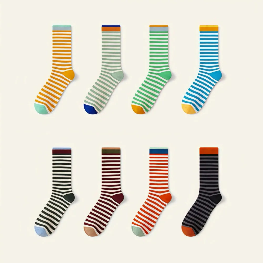 Eight pairs of colorful striped Chromatic Stripe Socks, with various vibrant and muted color combinations.