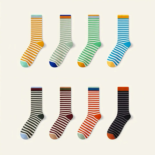Eight pairs of colorful striped Chromatic Stripe Socks, with various vibrant and muted color combinations.