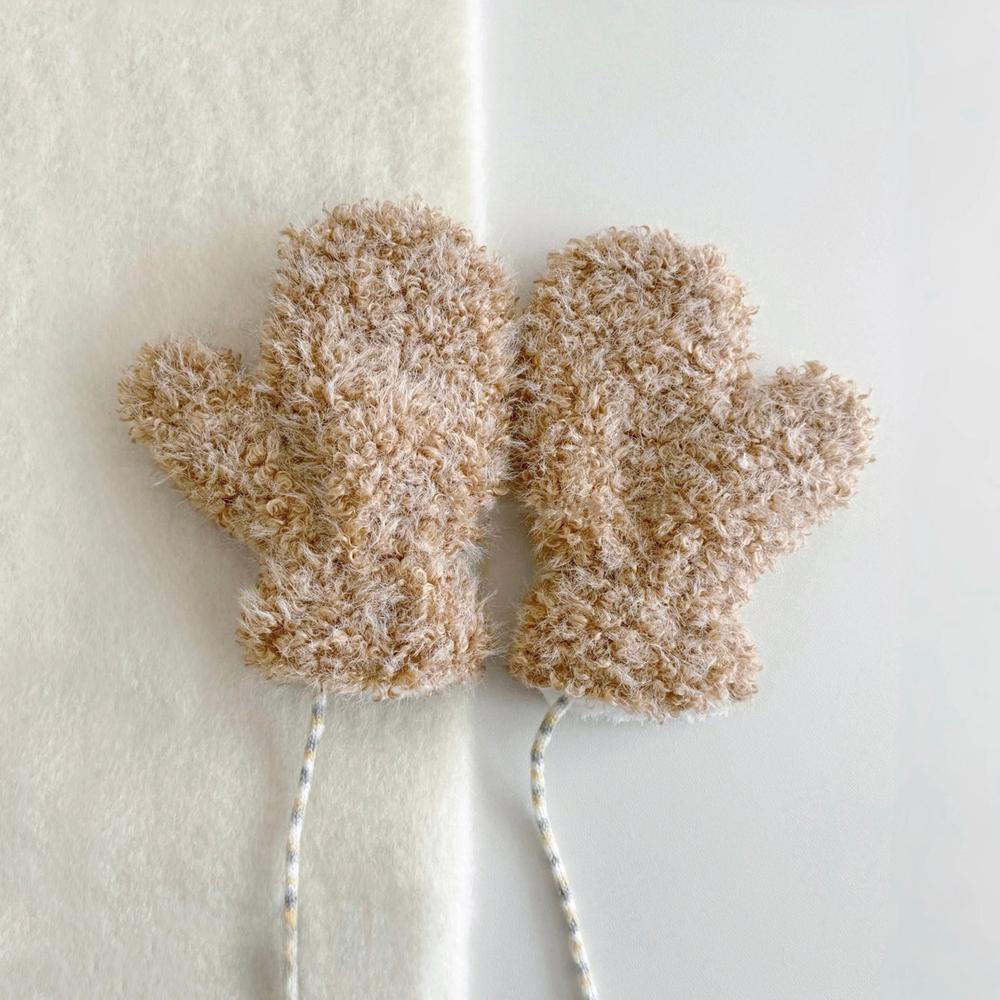 Khaki cloud-touch fluffy gloves with plush texture and ribbed cuff; warm comfort for cold days.