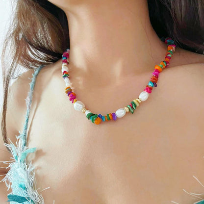 Model wearing a Color-Pop Dream Necklace, ideal for vacation mode.