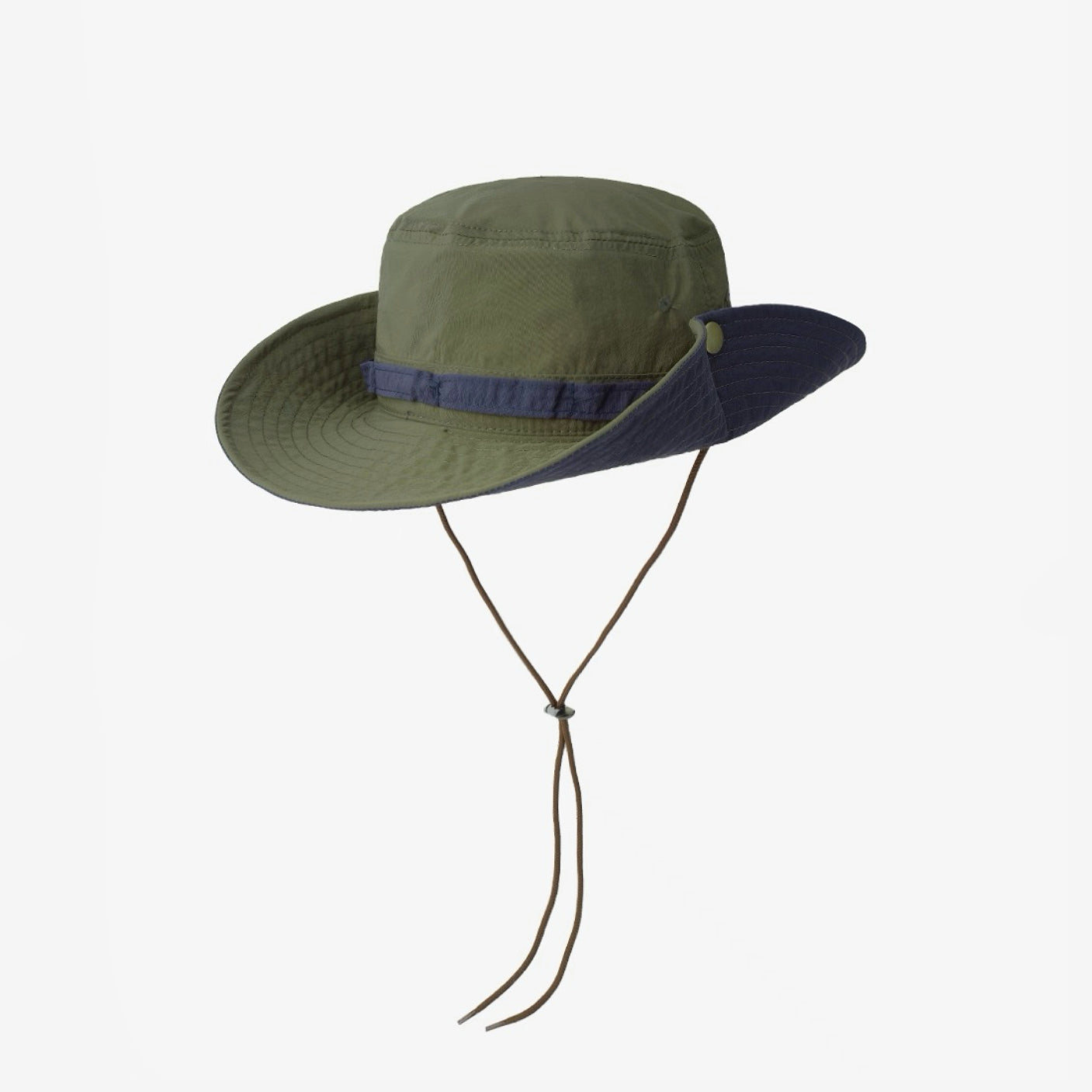 Product shot of the olive green bucket hat with its chin strap.
