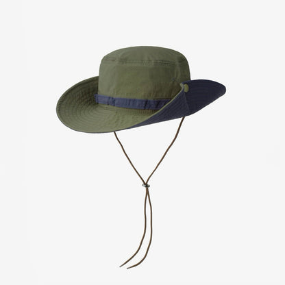 Product shot of the olive green bucket hat with its chin strap.