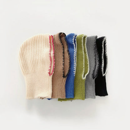 Six colors of knitted acrylic-cotton balaclava hats, each featuring contrasting colored edges.