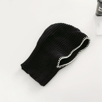 Front view of black balaclava hat with contrast edges, designed for a snug and stylish winter fit.