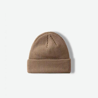 Front view of khaki multi-color beanie. Earthy tones in a chunky knit for cozy daily winter wear.