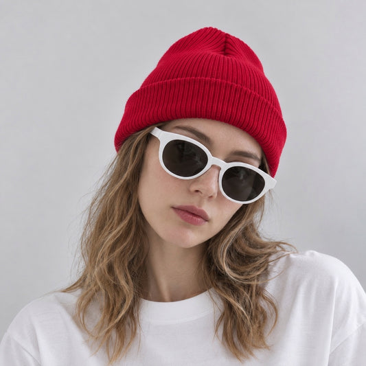 Female model wearing a bright red cuffed knitted beanie with white vintage sunglasses.