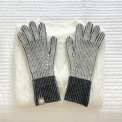 Beige contrast striped knit gloves with ribbed cuffs; neutral cozy gloves for everyday winter wear.
