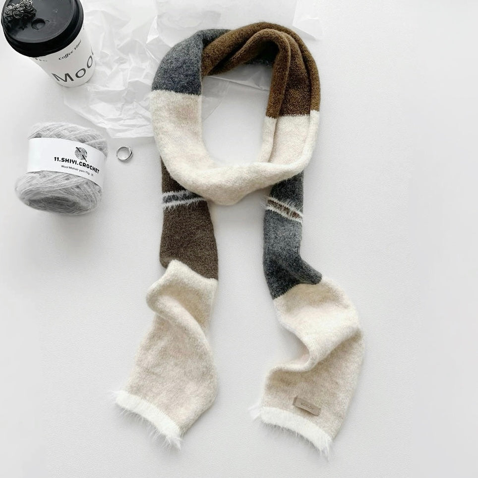 Front view of Cozy Patch Skinny Scarf in gray, ideal for everyday styling and weekend outings.