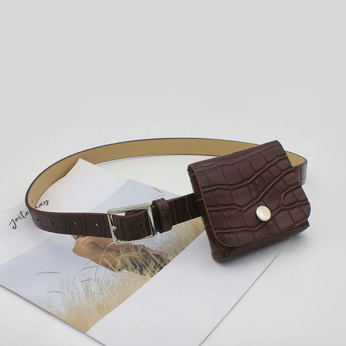 Front view of brown Crocodile Leather Belt With Pouch, classic trendy for daily commuting