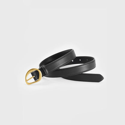 Front view of black Curved Oval Buckle Belt, stylish design for daily wear