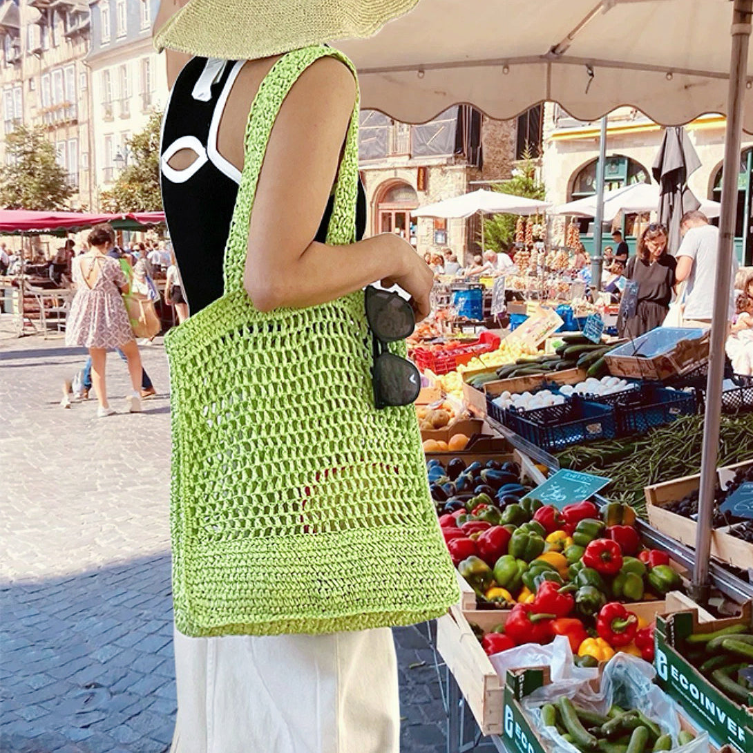 [Nuovo colore] Borsa tote in paglia all'uncinetto in verde fresco